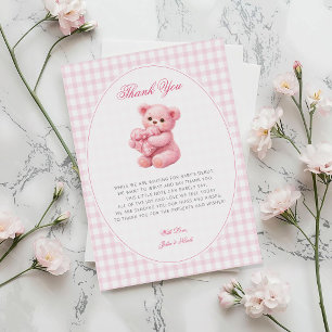 Roze Gingham Teddybeer Neutrale Baby Shower Kaart
