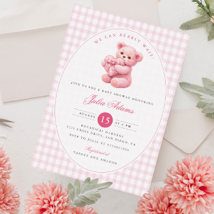 Roze Gingham Teddybeer Neutrale Baby Shower Kaart