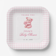 Roze Gingham Teddybeer Neutrale Baby Shower