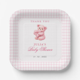 Roze Gingham Teddybeer Neutrale Baby Shower Papieren Bordje