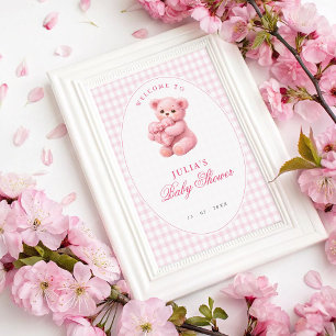 Roze Gingham Teddybeer Neutrale Baby Shower Poster