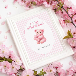 Roze Gingham Teddybeer Neutrale Baby Shower Poster