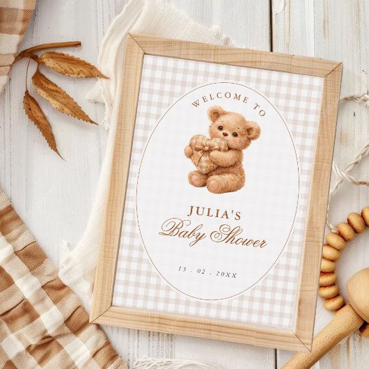 Roze Gingham Teddybeer Neutrale Baby Shower Poster
