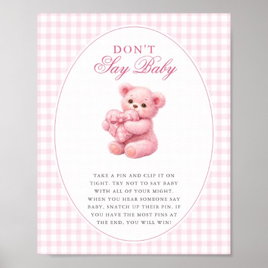 Roze Gingham Teddybeer Neutrale Baby Shower Poster (Voorkant)