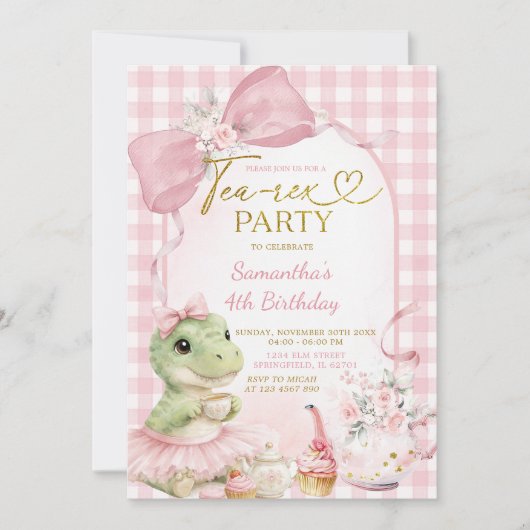 Roze Gingham Thee-Rex Feest Strik Dinosaurië Verja Kaart (Voorkant)
