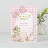 Roze Gingham Thee-Rex Feest Strik Dinosaurië Verja Kaart (Staand voorkant)