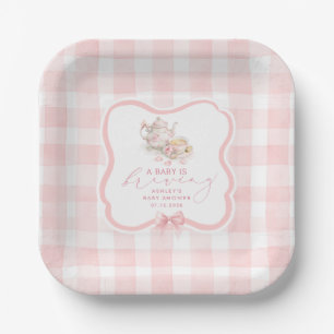 Roze Gingham Theepartij Meisje Baby Shower Papieren Bordje