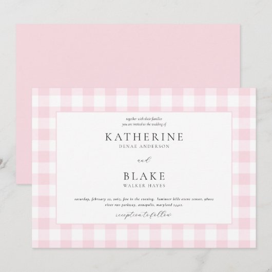 Roze Gingham Trouw Uitnodiging (Voorkant / Achterkant)