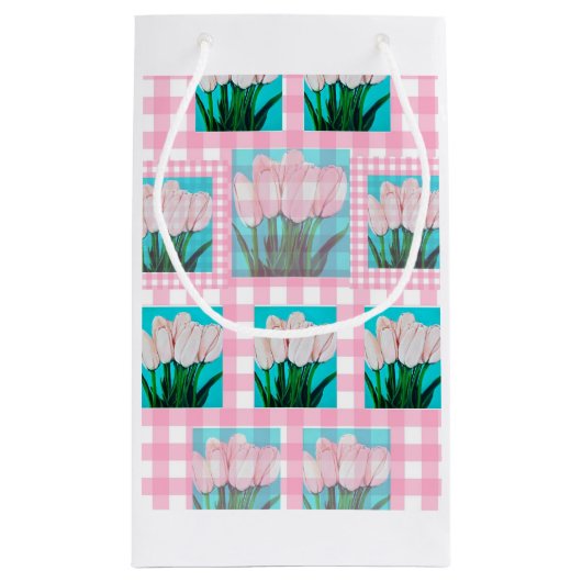 Roze Gingham Tulip Gift Bag Klein Cadeauzakje (Achterkant)