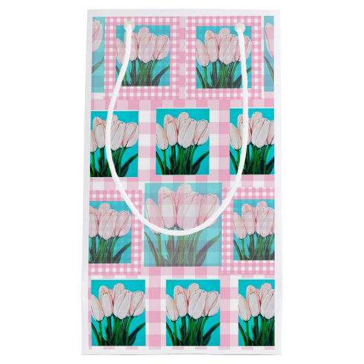 Roze Gingham Tulip Gift Bag Klein Cadeauzakje (Voorkant)