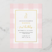 Roze Gingham Verjaardags Folie Uitnodiging Konijn (Voorkant)