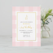Roze Gingham Verjaardags Folie Uitnodiging Konijn (Staand Voorkant)