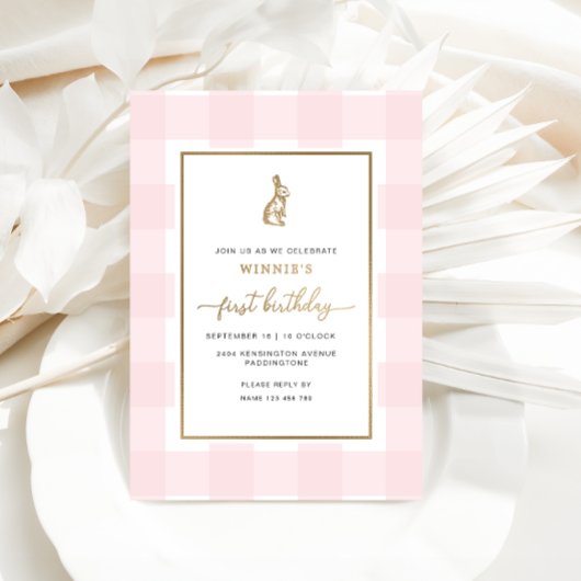 Roze Gingham Verjaardags Folie Uitnodiging Konijn
