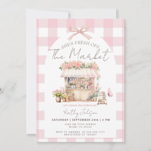 Roze Gingham Vers Kaart Bruidsfeest (Voorkant)