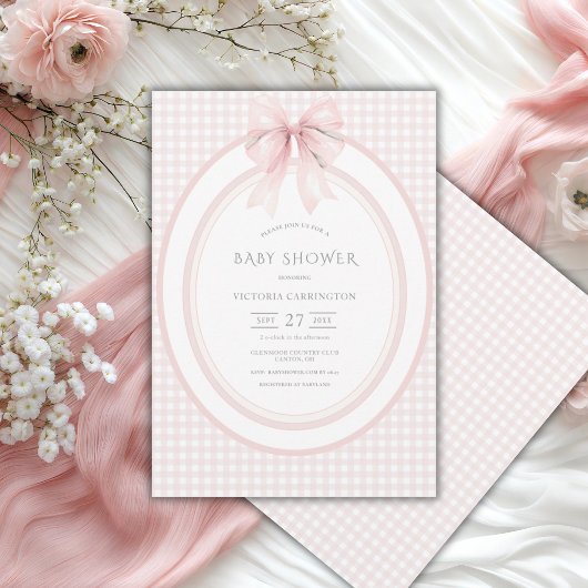 Roze Gingham Vintage babyshower uitnodiging