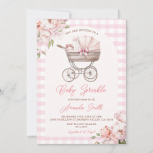 Roze Gingham Wandelwagen Bloem Meisje Baby Sprinkl Kaart