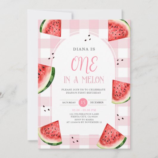 Roze Gingham Watermeloen Eerste Verjaardagsuitnodi Kaart (Voorkant)