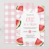 Roze Gingham Watermeloen Eerste Verjaardagsuitnodi Kaart (Voorkant / Achterkant)