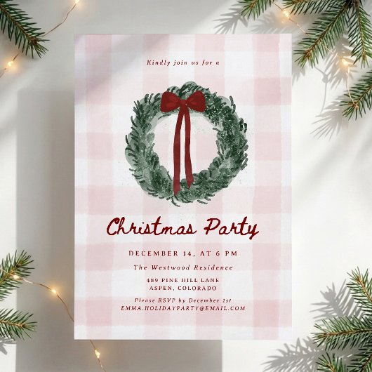 Roze Gingham Waterverfkrans Kerstfeest Kaart