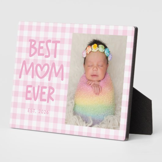 Roze Gingham Whimsical Hart Beste Moeder Ooit Foto Fotoplaat (Zijkant)
