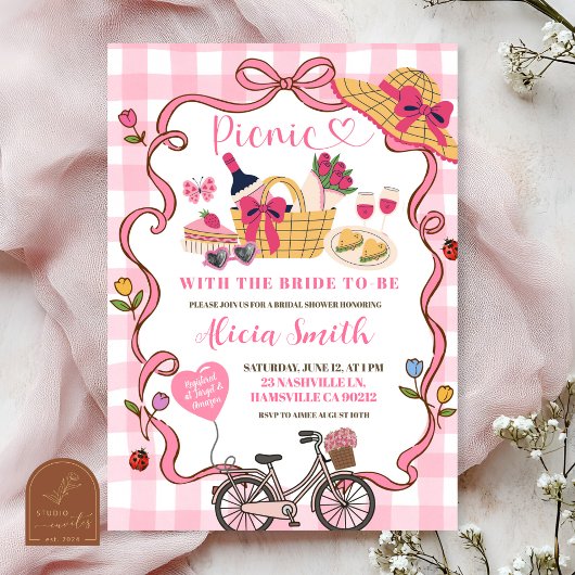 Roze Gingham Whimsical Picknick Bruiloft Feest Uit Kaart