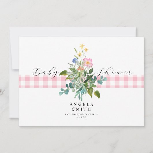 Roze Gingham Wildflower Baby shower II Kaart (Voorkant)