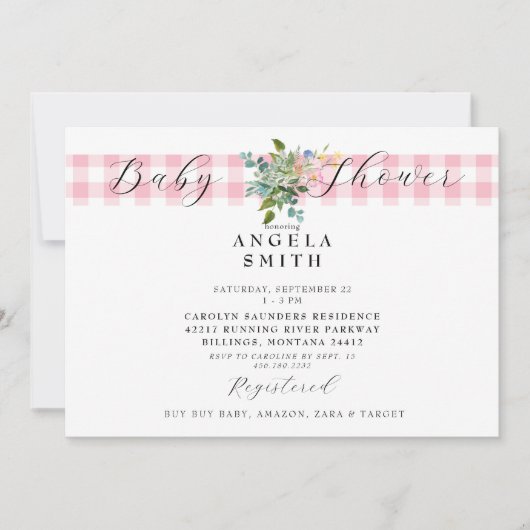 Roze Gingham Wildflower Baby shower Kaart (Voorkant)