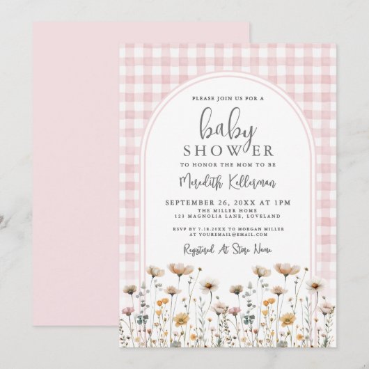 Roze Gingham Wildflower Baby Shower Kaart (Voorkant / Achterkant)