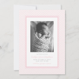 Roze gingham zoete ruitvormige geboorteaankondigin aankondiging