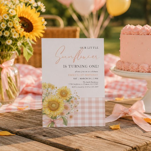 Roze Gingham Zonnebloem 1e Verjaardag Kaart
