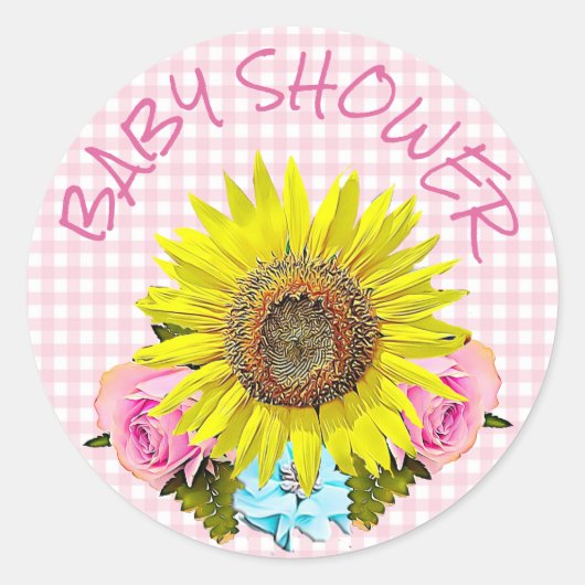 Roze Gingham Zonnebloem BABY SHOWER Stickers (Voorkant)