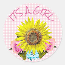Roze Gingham Zonnebloem BABY SHOWER Stickers