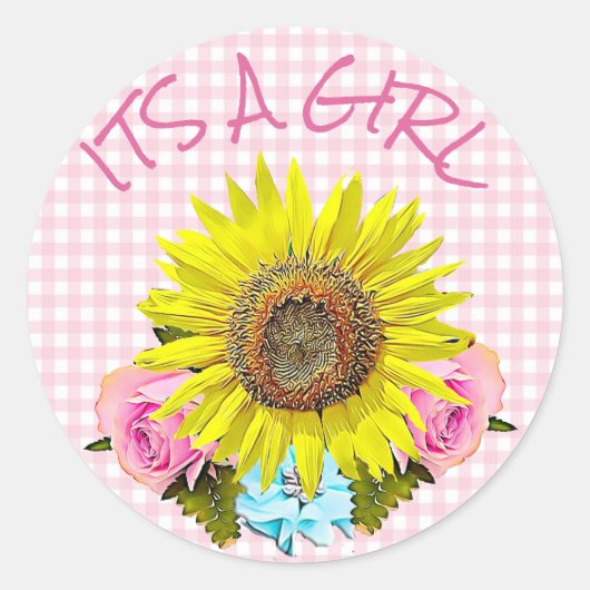 Roze Gingham Zonnebloem BABY SHOWER Stickers (Voorkant)