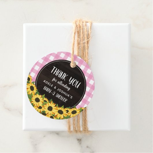 Roze Gingham & Zonnebloemen Baby-Q Douche Dank u Bedankjes Labels (In situ)