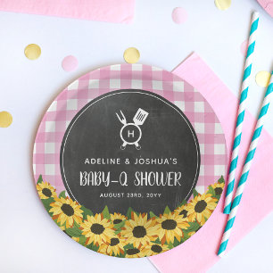 Roze Gingham Zonnebloemen Krijtbord Baby-Q Feest Papieren Bordje
