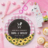 Roze Gingham & Zonnebloemen Rustieke Baby-Q Douche Papieren Bordje (Feest)