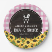 Roze Gingham & Zonnebloemen Rustieke Baby-Q Douche Papieren Bordje (Voorkant)