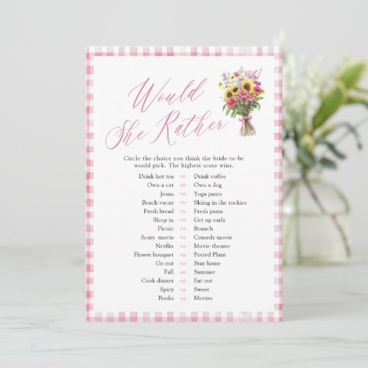 Roze Gingham Zou Ze Liever Bruiloftsspel Kaart (Staand voorkant)
