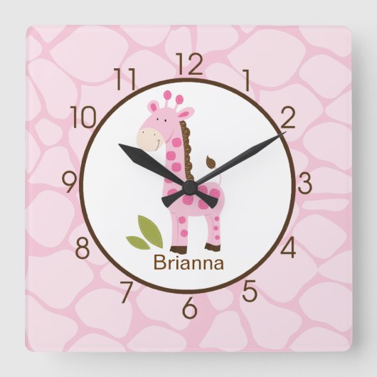 Roze Giraffe Afdrukken Aangepaste Neursery Clock Vierkante Klok (Voorkant)