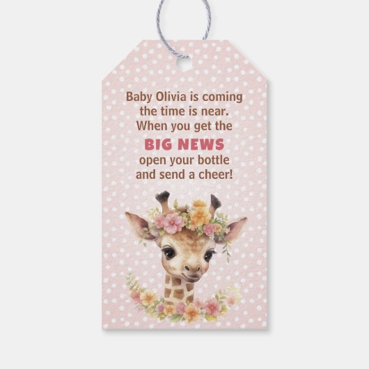 Roze Giraffe Baby Meisje Safari Douche Bottle Favo Cadeaulabel (Achterkant)
