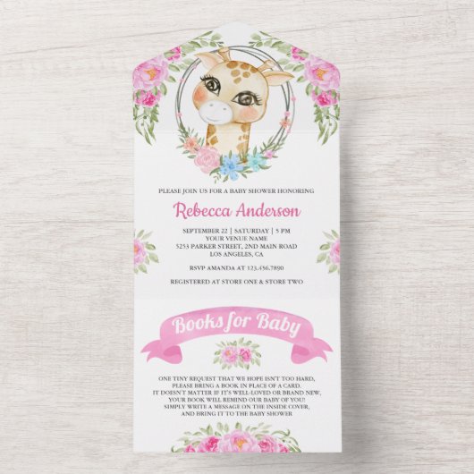 Roze Giraffe Baby shower All In One Uitnodiging (Binnen)