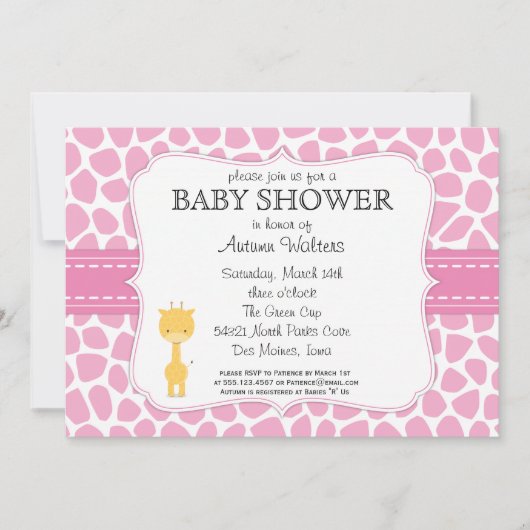 Roze Giraffe Baby Shower Invitaties Kaart (Voorkant)