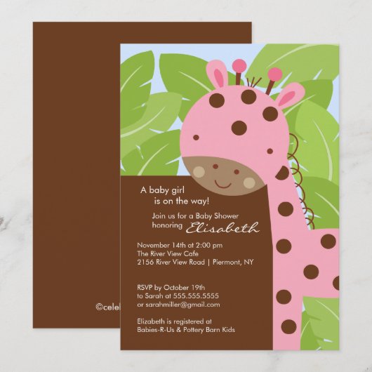 Roze Giraffe Baby shower Uitnodiging (Voorkant / Achterkant)
