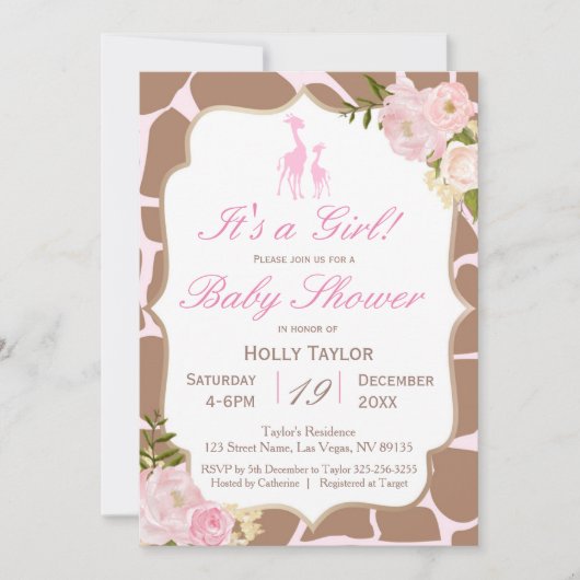 Roze Giraffe Baby shower Uitnodiging (Voorkant)