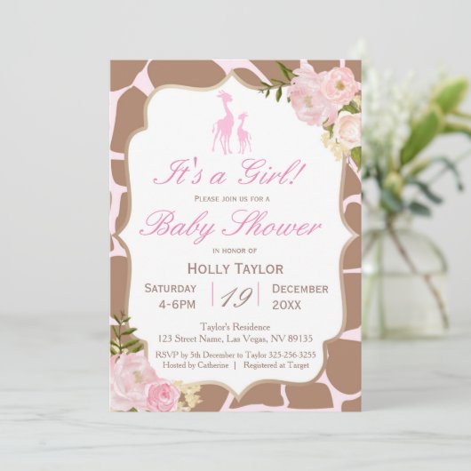 Roze Giraffe Baby shower Uitnodiging (Staand voorkant)