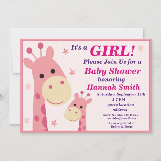 Roze giraffe babyshower uitnodiging (Voorkant)