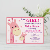 Roze giraffe babyshower uitnodiging (Staand voorkant)