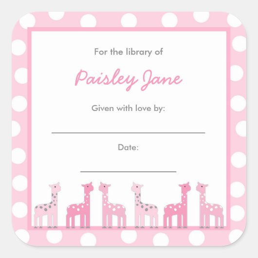 Roze Giraffe Breng een Boek Baby shower stickers (Voorkant)