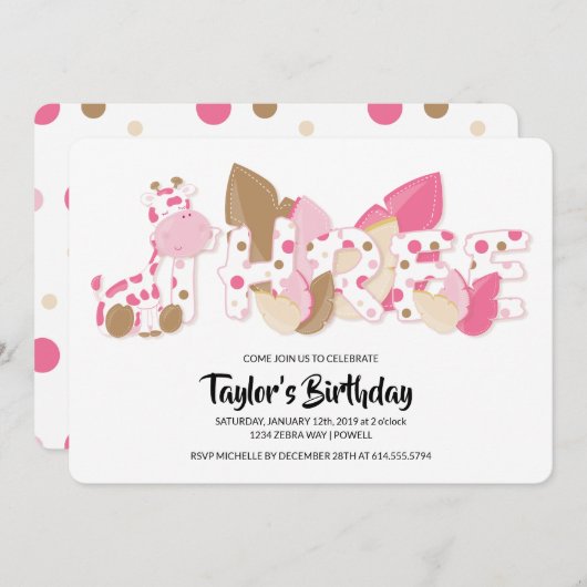 Roze Giraffe derde verjaardag uitnodiging (Voorkant / Achterkant)