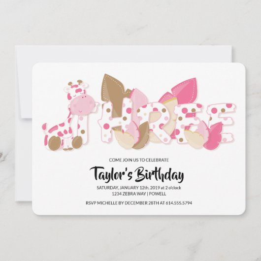 Roze Giraffe derde verjaardag uitnodiging (Voorkant)